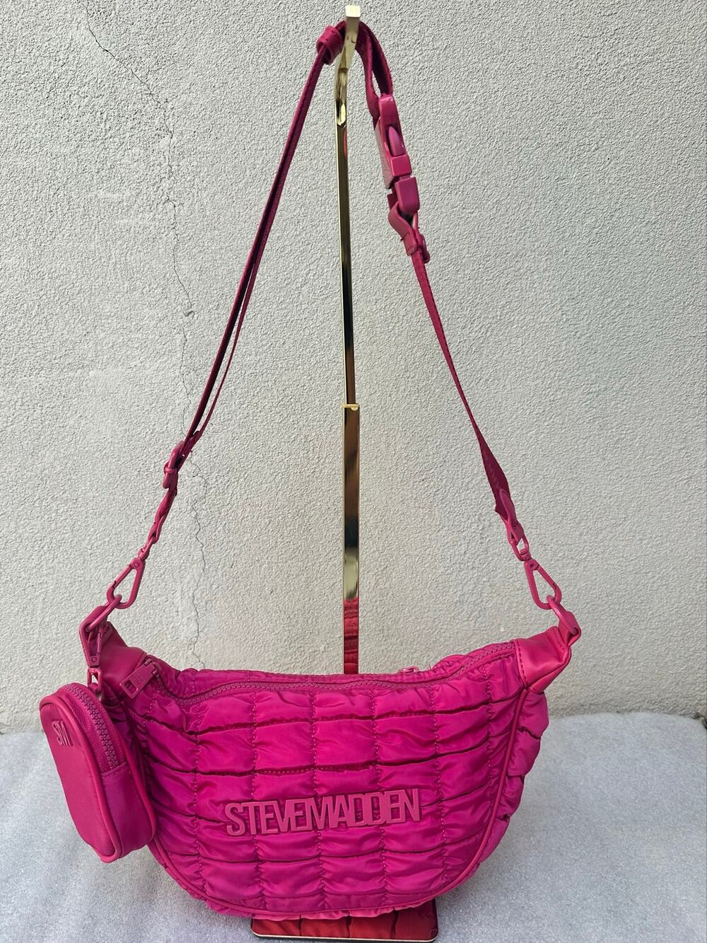 Steve Madden Hot Pink Quilted Nylon Crossbody Bag with Detachable Pouch